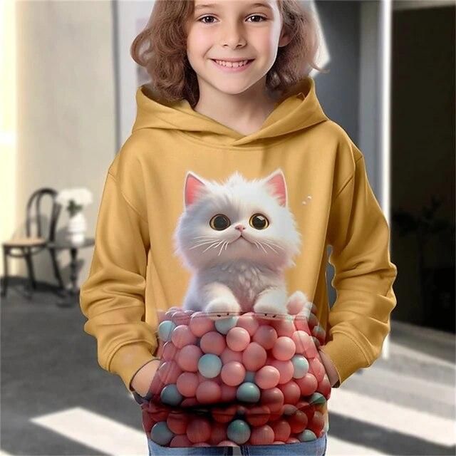 Abbigliamento per bambine, felpa con cappuccio, alla moda, con stampa di un gattino carino, ragazza ampia e alla moda_voghion.com