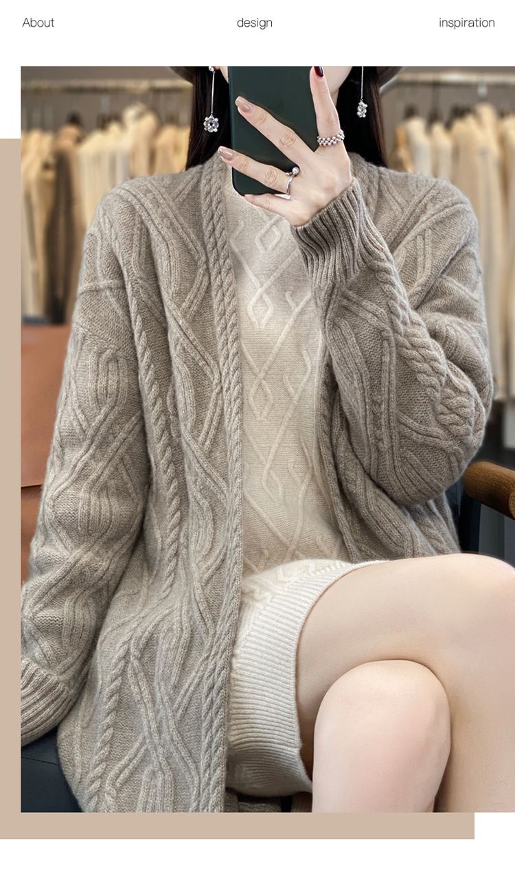 Cardigan lungo e largo in maglia di lana pesante e spessa, da donna, con scollo a V, autunno inverno_voghion.com
