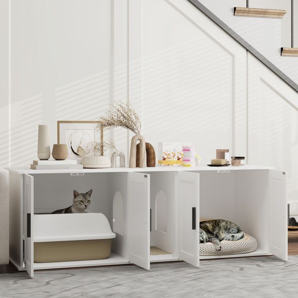 PawHut Cat Litter Box Enclosure With Double Room, Scratching Mat For 2 Cats, 57' X 19' X 20', White_voghion.com
