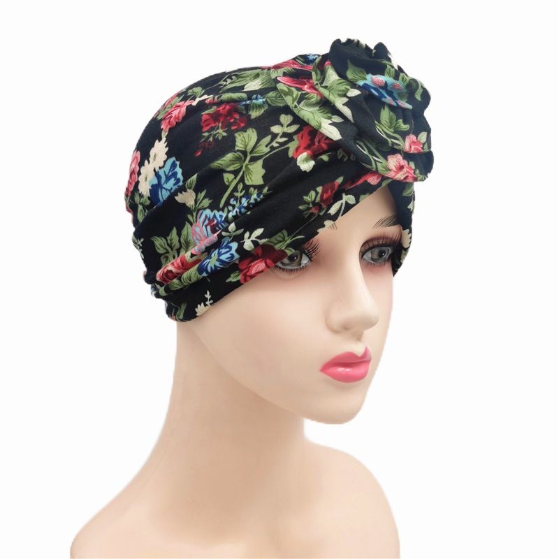 Fragmented flower knotted new elastic cotton printed headscarf hat, warm protective head and postpartum hat_voghion.com