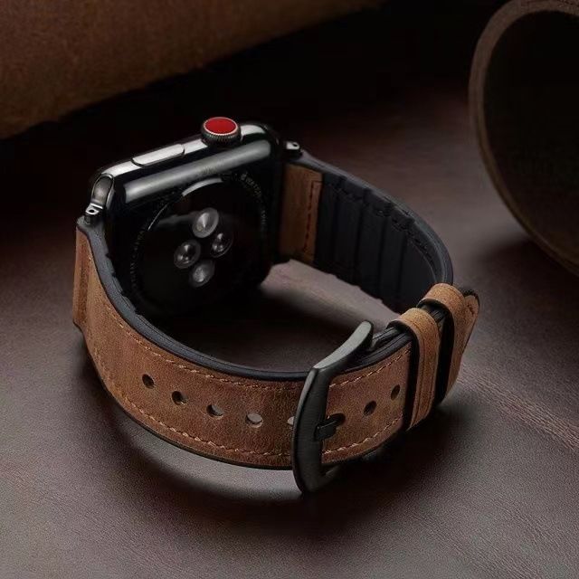 Correa vintage de piel auténtica para Apple Watch Series 9/8/7/6/Ultra - Fabricada a mano con base de silicona, ajuste ajustable, estilo clásico (tallas 38-49 mm)_voghion.com