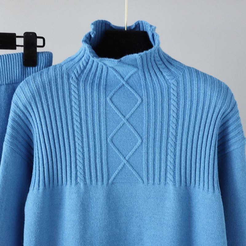 Ensemble de pantalons tricotés doux et polyvalents pour femmes, col mi-haut, pull ample décontracté, vent doux_voghion.com