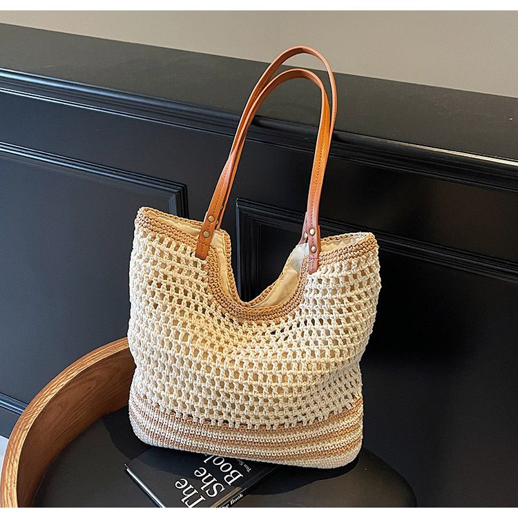 Borsa di paglia Borsa intrecciata Borsa di cotone intrecciata Borsa a tracolla a rete cava da donna Grande capacità Borsa da spiaggia per le vacanze al mare_voghion.com