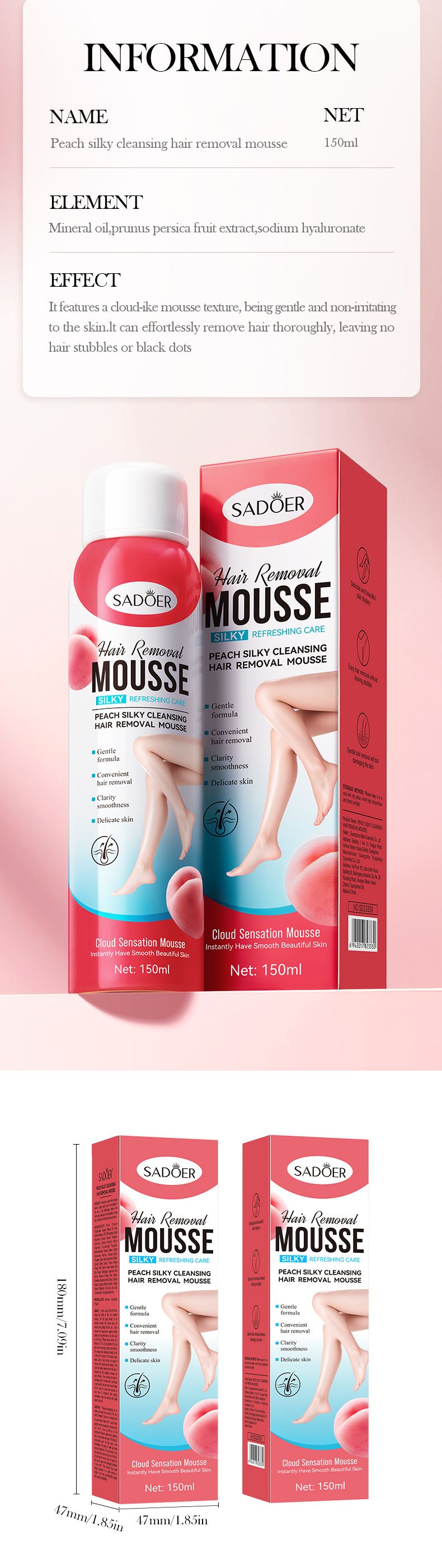 Mousse trasparente liscia e setosa alla pesca, in scatola di alluminio, da 150 ml, crema depilatoria, prodotto per la cura della pelle_voghion.com