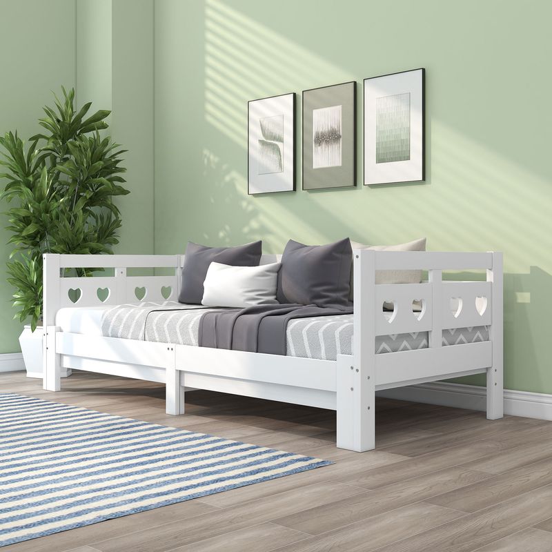 Tagesbett 90x200cm Ausziehbar, Massivkiefer, Mit Rollrost Herzform, Weiß_voghion.com