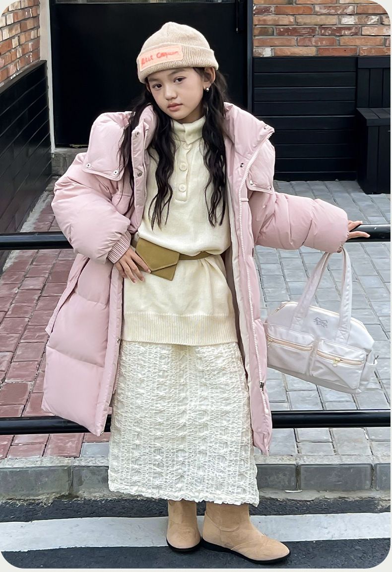 Cappotto invernale in stile coreano per bambine – Piumino lungo con piumino d'anatra bianco al 90% (nero/rosa/kaki, 5 taglie, trendy e caldo)_voghion.com