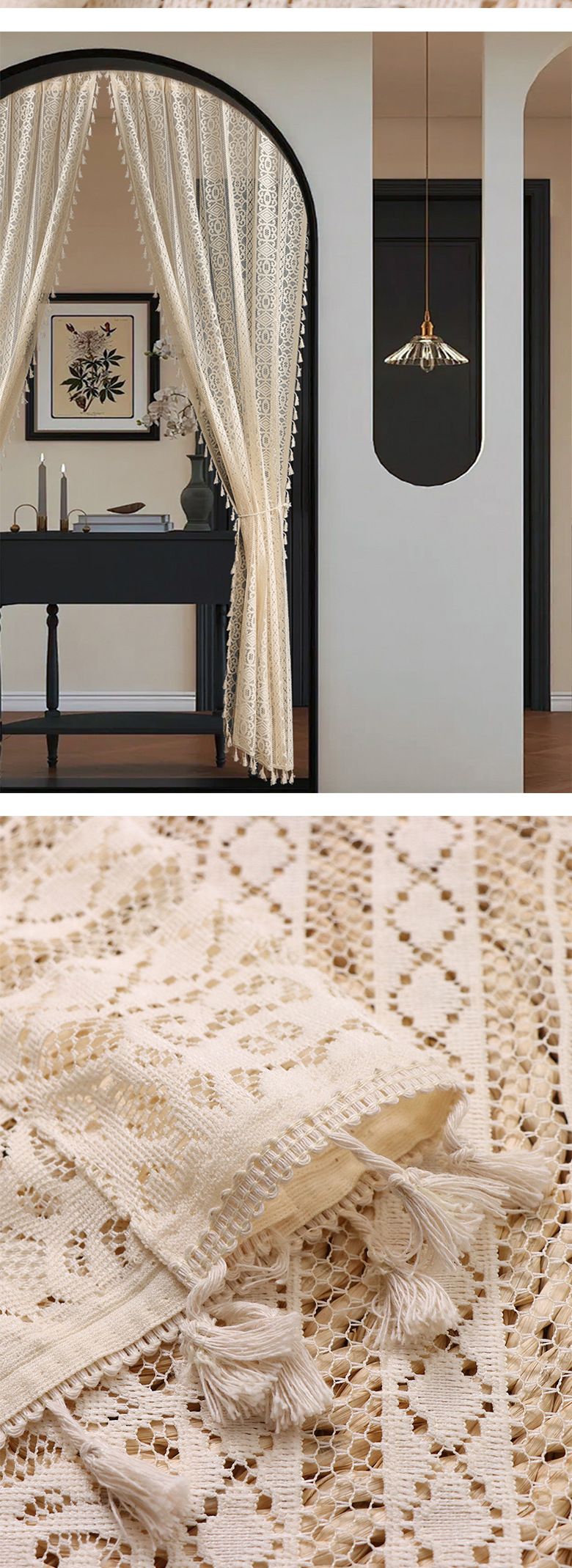 Cream Style Retro Lace Curtains Free Punching Bedroom Living Room Arched Door Gauze Curtain Partition Door Curtain_voghion.com
