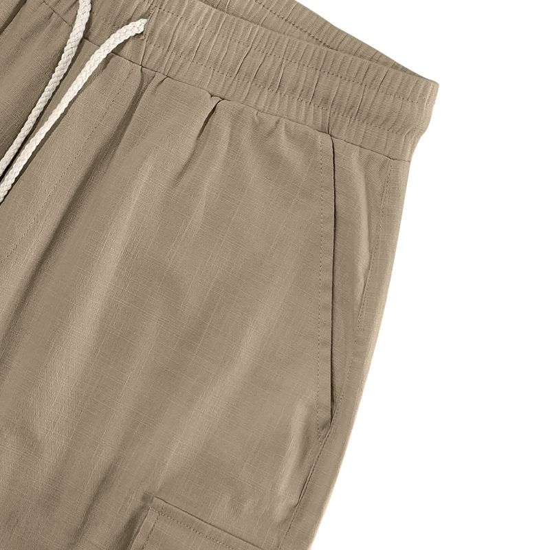 Pantaloncini da uomo in lino, pantaloncini cargo tinta unita con elastico in vita, tasche per viaggi e tempo libero, pantaloncini da spiaggia a gamba larga per l'estate_voghion.com