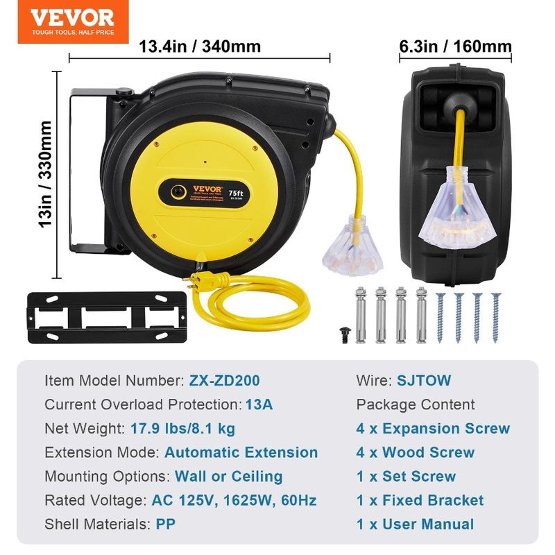 Cord SJTOW 3C 75FT Retractable Reel 14AWG Extension Power Reel Cord_voghion.com