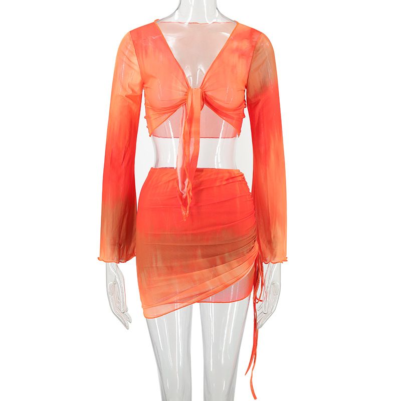 Women's tie dye printed V-neck strap with gradient color horn mesh long sleeve skirt set_voghion.com