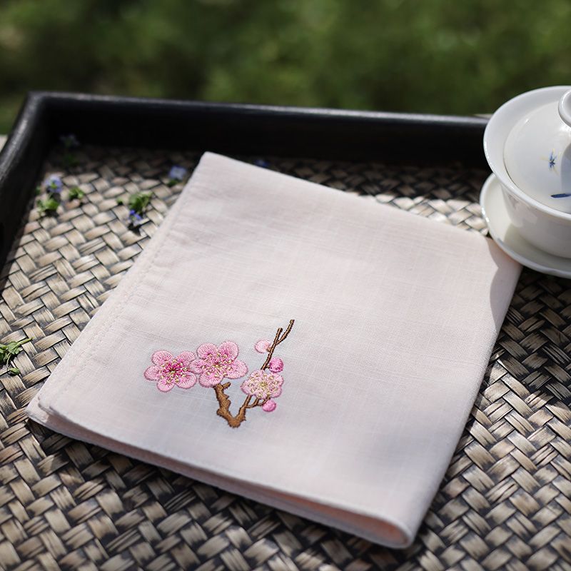 Fazzoletto in cotone con ricamo a fiori di prugna, fazzoletto assorbente, regalo di compleanno_voghion.com