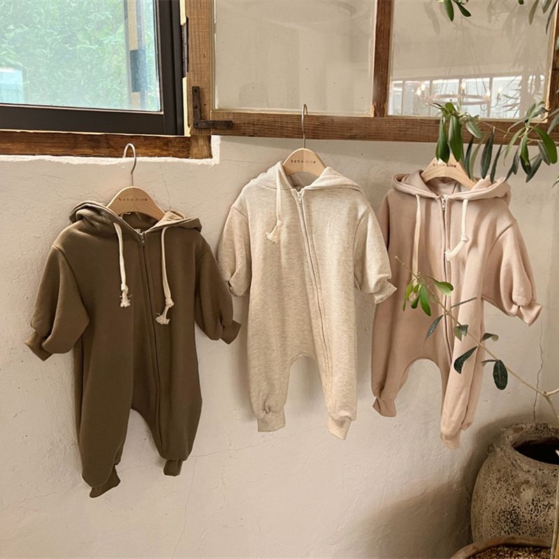 Baby Cotton Soft Oblique Zipper Hooded Long Sleeved Sweater Jumpsuit Korean Version Of The Baby Jumpsuit_voghion.com