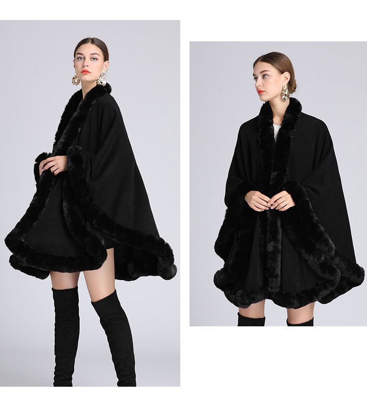 Fur Collar Cape Ladies Large Size Knitted Cardigan Loose Coat Artificial Fur Fashionable And Warm Shawl Cape_voghion.com