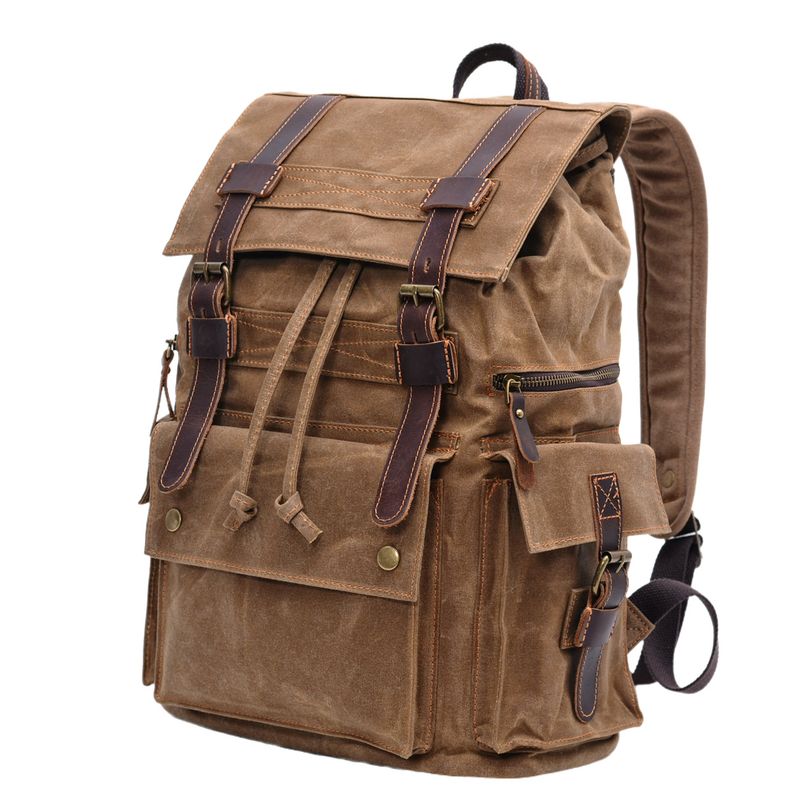LazyZoom Wasserdichter Rucksack aus Ölwachs-Canvas für Damen und Herren, Reise-Laptoptasche, lässige Wandertasche aus echtem Leder für den Außenbereich_voghion.com