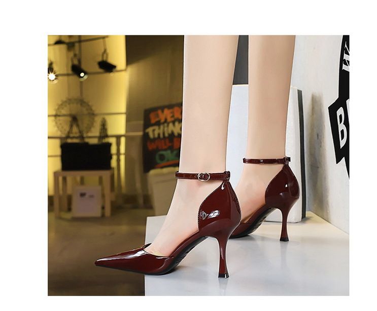 High heel shallow mouth pointed head patent leather sexy hollow shoes one line sandals_voghion.com