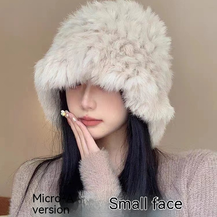 Cappello in peluche bianco da donna in vero pelo di coniglio in autunno inverno per tenersi al caldo e mostrare il viso, l'orecchio piccolo_voghion.com