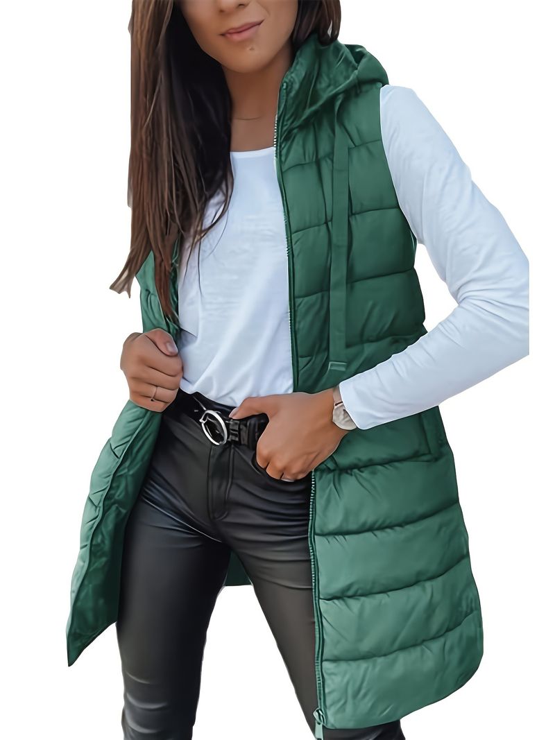 Women's Long Hooded Zip-Up Quilted Vest - Lightweight Polyester Puffer Jacket For Winter, Casual & Elegant Style_voghion.com