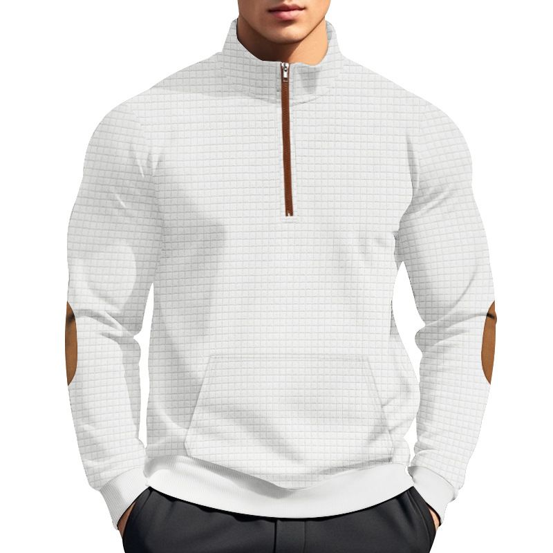 American Style Autumn Winter Men's Casual Sweatshirt Jacquard Small Square Embroidery Patchwork Stand Collar Loose Top_voghion.com