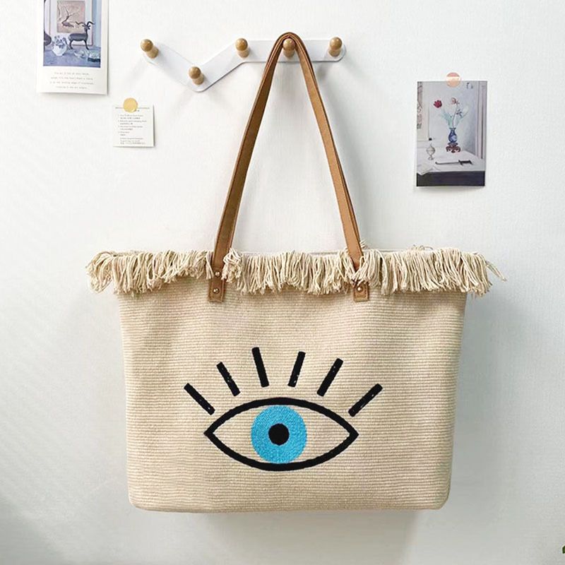 Borsa da spiaggia alla moda da donna, grande capacità, con ricamo a nappa, 2024_voghion.com