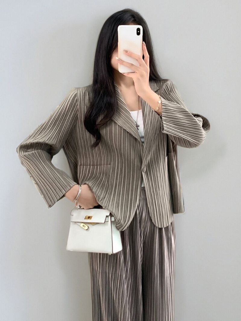 GraceChic Miyake Herbstanzug, hochwertiges, legeres Damen-Business-Set mit Blazer und gerader Hose, zweiteilig_voghion.com