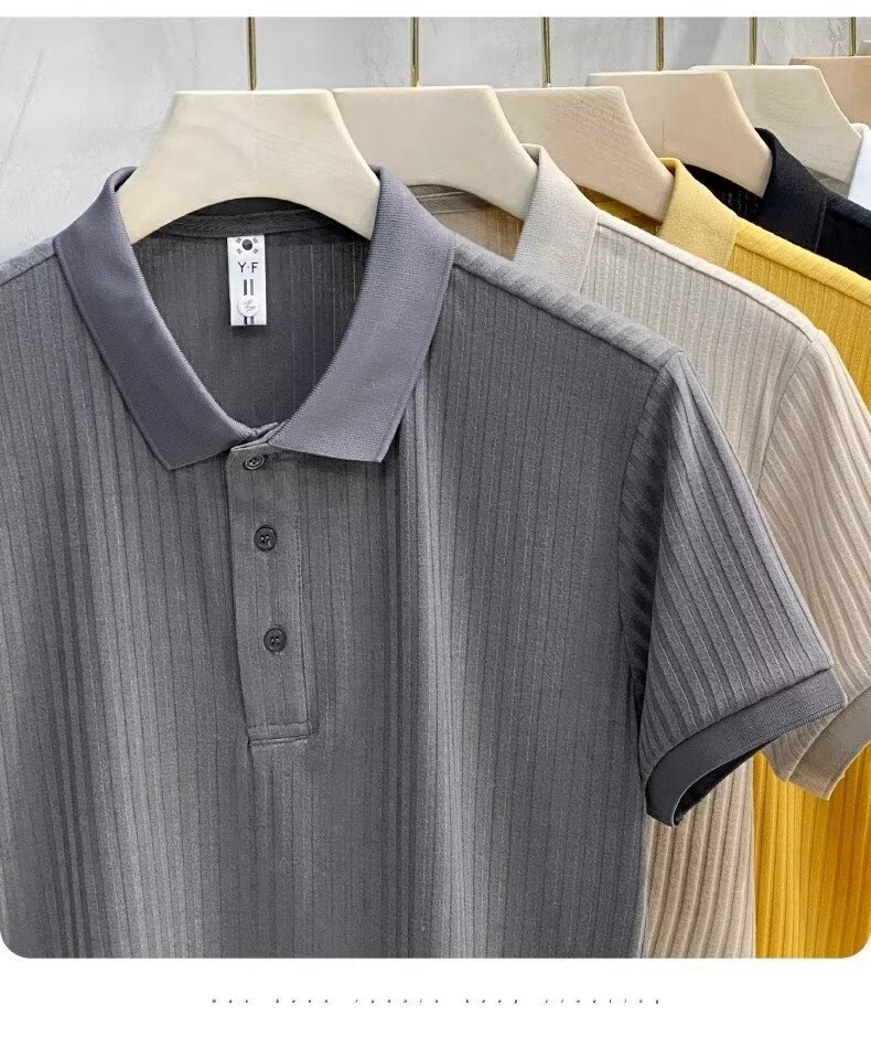 Herrkläder Business pikétröja Pit Stripe Mercerized pikétröja Kortärmad sommartopp Lapel Herr T_voghion.com