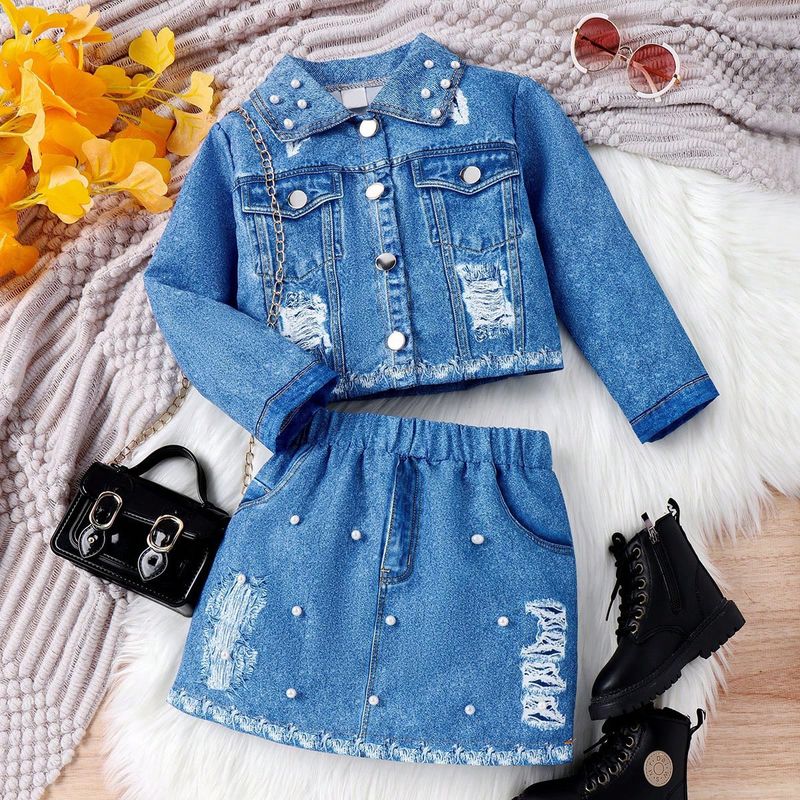 Abbigliamento per bambini autunno e inverno giacca a maniche lunghe con risvolto in denim + gonna corta decorata con borchie di perle vestito da due pezzi per ragazze_voghion.com