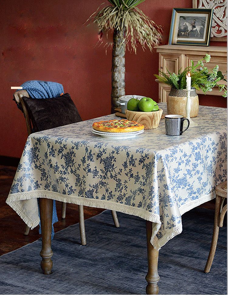 Polyester-Tischdecke mit Quasten – wasserdichte, ölbeständige, rechteckige Tischdecke, rutschfester Esstischläufer mit skandinavischem Blumendruck_voghion.com