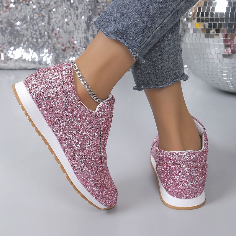 Women's single shoes sequin rhinestones elastic casual single shoes thick soled round head single shoes_voghion.com