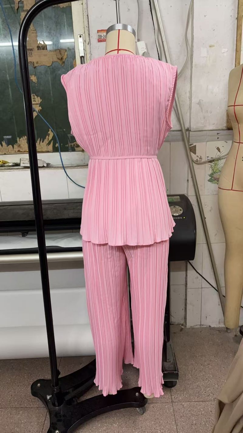 Completo da donna 2025 in due pezzi, senza maniche, con scollo rotondo, tinta unita, pantaloni dritti a pieghe, resistente alle pieghe_voghion.com
