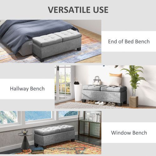 46" Storage Ottoman Bench, Upholstered End Of Bed Bench With Steel Frame, Button Tufted Storage Bench With Safety Hinges For Living Room, Entryway, Bedroom, Gray_voghion.com