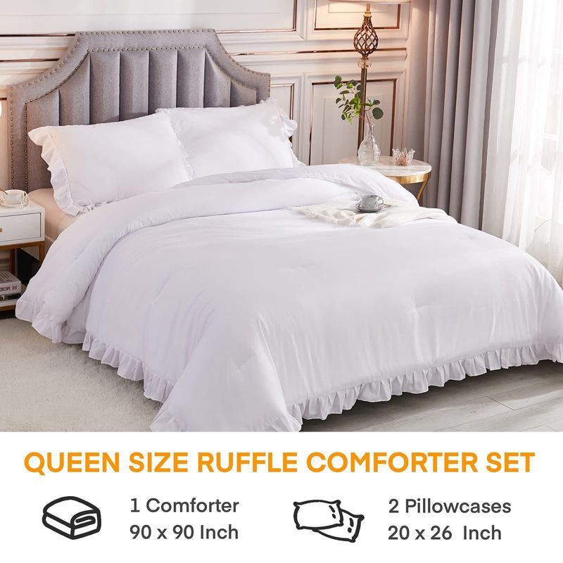 Set di piumoni traspiranti per letto matrimoniale, set di trapunte alternative in piumino per tutte le stagioni, set di tre pezzi con trapunta arricciata in tinta unita bianca_voghion.com
