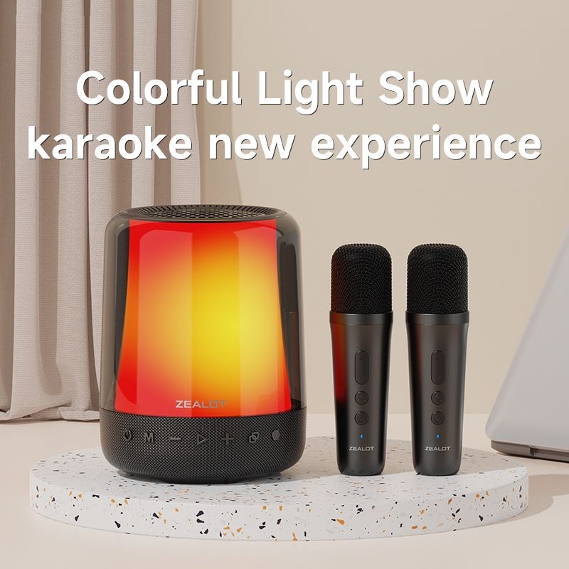 S66M RGB ritmiskās gaismas karaoke bezvadu skaļrunis, stils: divi mikrofoni (melns)_voghion.com