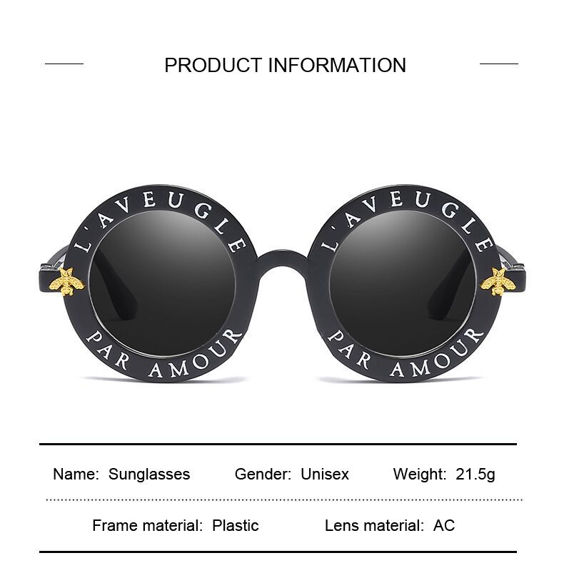 Fashion Retro Sexy Black Round Sunglasses Woman Brand Designer English Letters Bee Circle Sun Glasses Fashion Female Shades_voghion.com