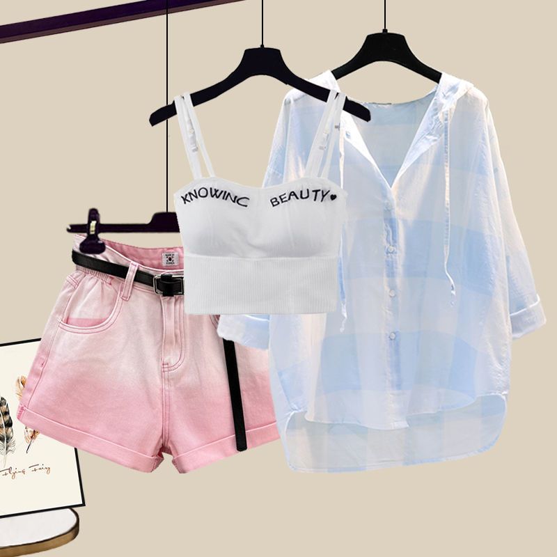 Îmbrăcăminte pentru femei, mărimi mari, costume de vară pentru femei, cămăși noi cu protecție solară, veste slim, pantaloni scurți versatile din denim, costum din trei piese_voghion.com