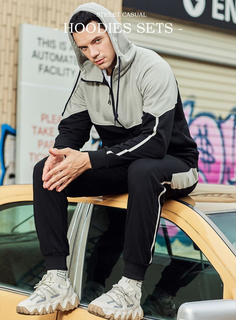 Men's clothing color matching sports suit color contrast casual two-piece set_voghion.com