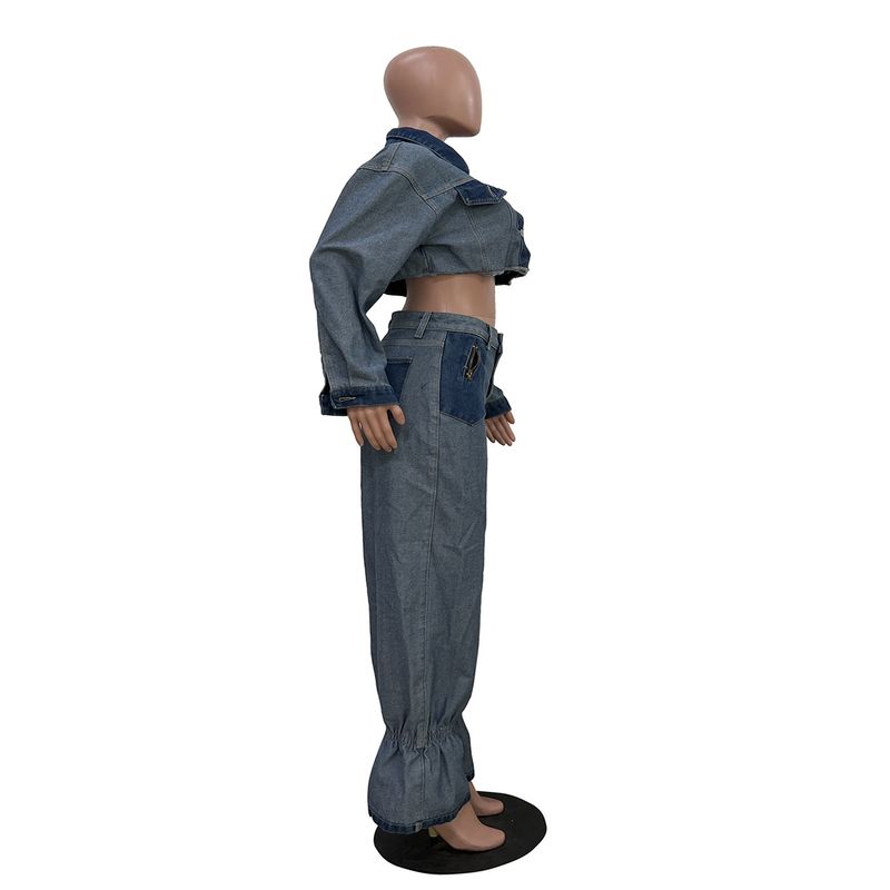 Ubrania damskie Casual Kolor Dopasowany Denim Garnitur_voghion.com
