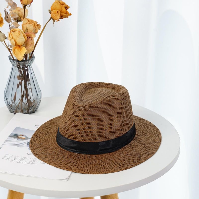 Neu eingetroffen Mode Sommer Casual Unisex Strand Große Krempe Jazz Sonne Panama Papier Stroh Frauen Männer Cowboy Fedora Hut Gangster_voghion.com