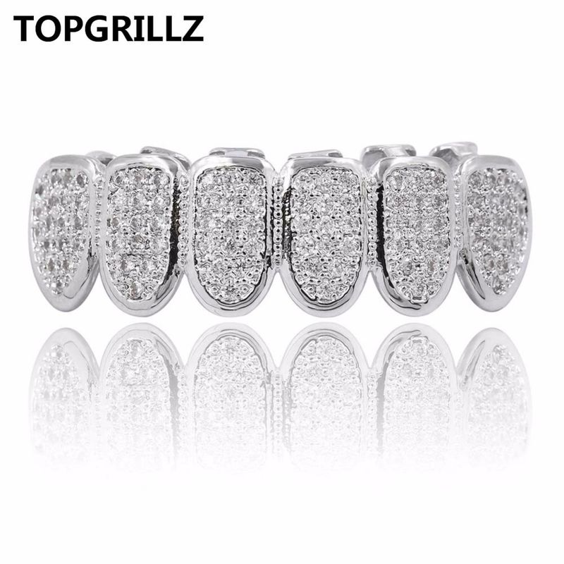 TOPGRILLZ New Fit Silver Plated CZ Micro Pave Top & Bottom GRILL SET Rhodium Teeth Grills Vampire Tooth Grillz_voghion.com
