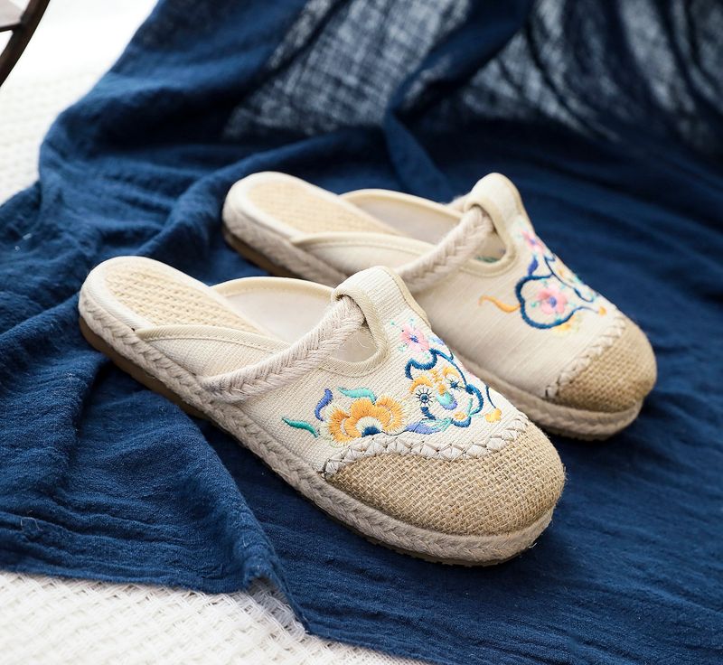 Pantofole, Lino piatto, 2025 Nuove scarpe in tessuto ricamato in stile etnico con alluce, Pantofole da esterno fresche da donna_voghion.com