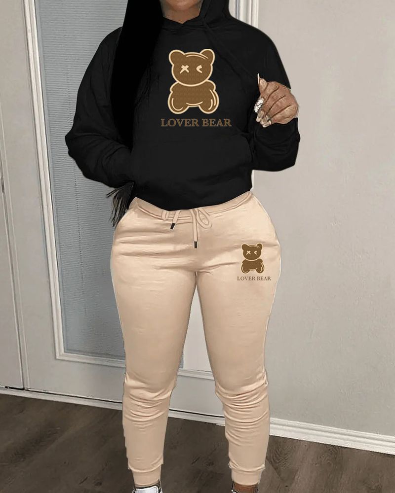 Women's Clothing suit hooded sweatshirt and sweatpants color matching bear print suit_voghion.com