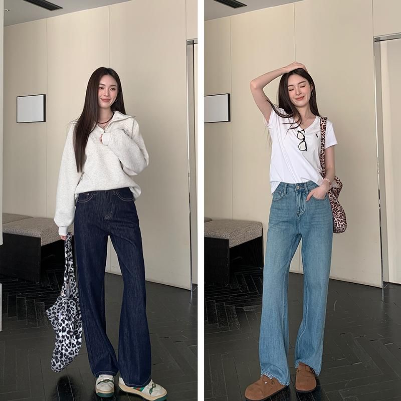 Negozio di Capodanno ~ Jeans unisex in lyocell a gamba dritta per donna, pantaloni larghi a vita alta e snellenti primaverili_voghion.com