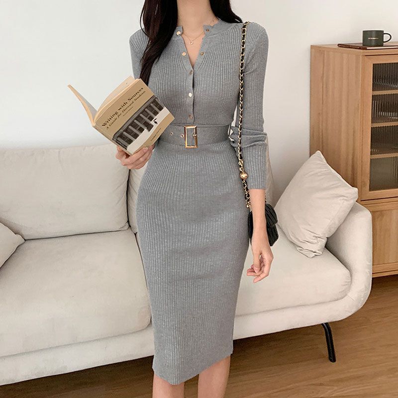 New Autumn Winter Slim Fit Bodycon Midi Round Neck Long Sleeve Single Breasted With Belt Dress_voghion.com