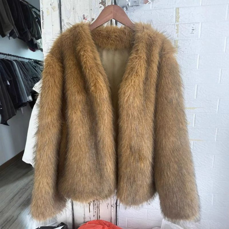 Women's Clothing Winter Faux Fox Fur V-Neck Cardigan With Black Tips – Short Sleeve Elegant Streetwear (Sizes S/M/L)_voghion.com