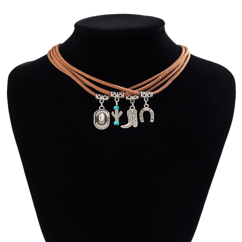 Cappello da cowboy in stile western, collana multistrato turchese per donna, collana versatile con piatto di fiori retrò_voghion.com