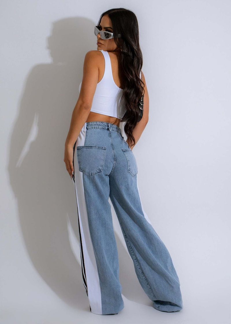 Ropa de mujer Pantalones vaqueros de pierna ancha con tres rayas y empalme de moda de verano Pantalones rectos elásticos de cintura alta informales nuevos para mujer_voghion.com