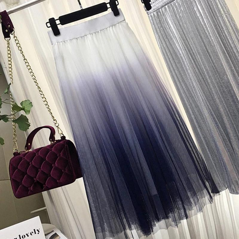 Mesh Hohe Taille Gefaltete frauen Langen Rock A-linie Tüll Gradienten Student Frauen Röcke 2020 Frühling Sommer Mode Elegant416_voghion.com