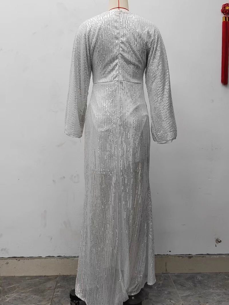 Robe longue élégante à paillettes et manches longues pour femme, col en V, longueur au sol, queue de poisson, banquet_voghion.com