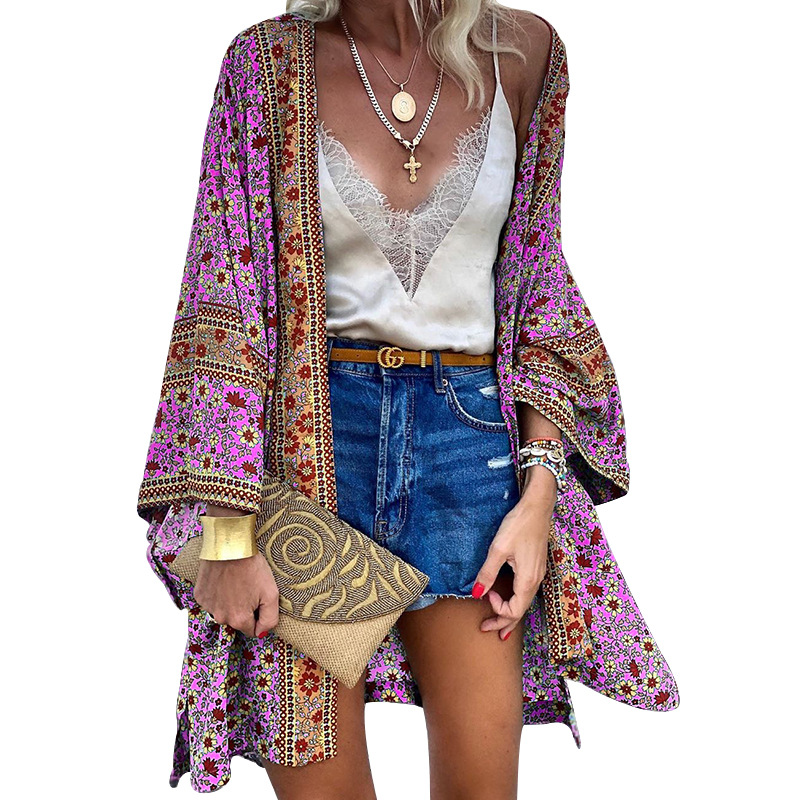 Women's Thin Loose Bohemian Long Sleeve Printed Mid length Cardigan_voghion.com