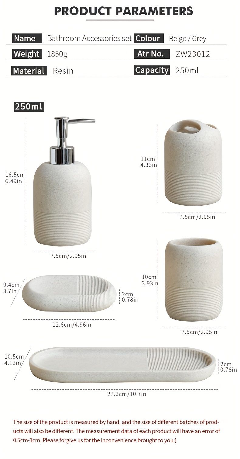 Ensemble de salle de bain 5 pièces : distributeur de savon, gobelet pour bain de bouche, porte-brosse à dents, porte-savon, plateau avec motif en grès jaune_voghion.com