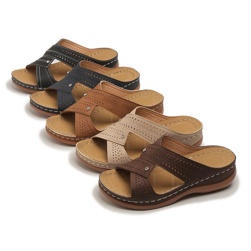 New casual slippers round head cross strap hollow high heel women's wedge heel slippers_voghion.com